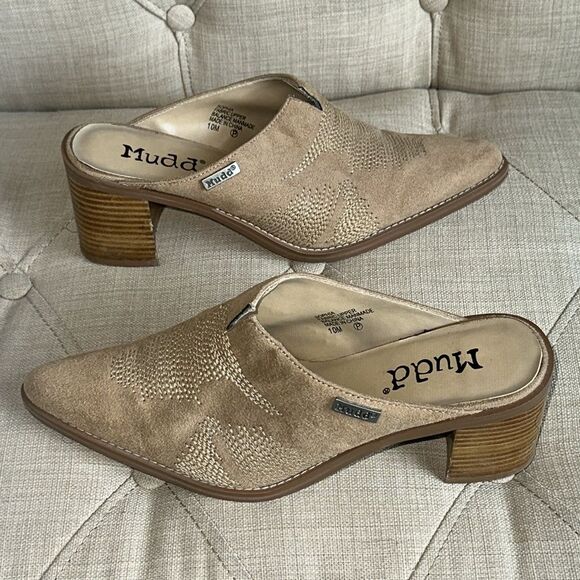 Vintage Y2K Boho Western Mudd Tan Pointed Toe Chunky Heel Suede Mules - Picture 2 of 5